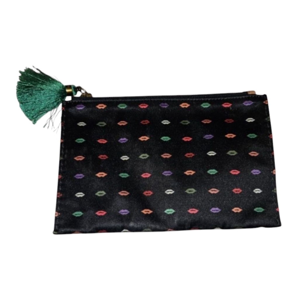 J Crew Make Up Bag Black with Lip Design Pattern & Tassle
